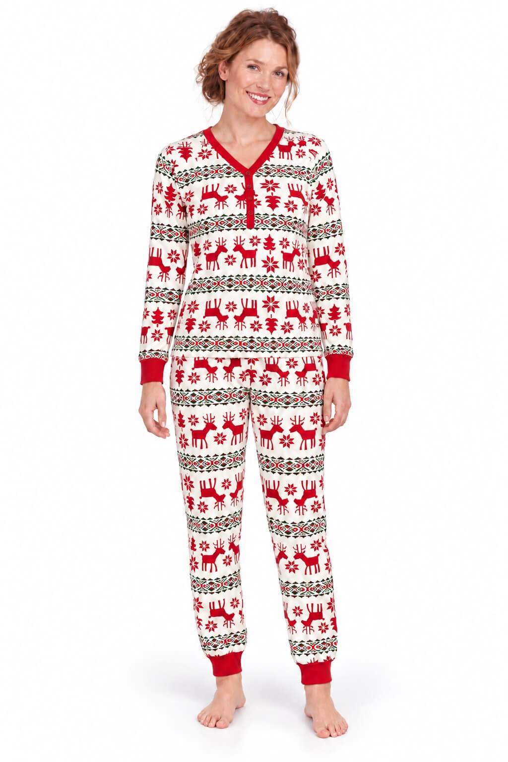 Family wearing matching red and cream reindeer print Christmas pajamas - view 7