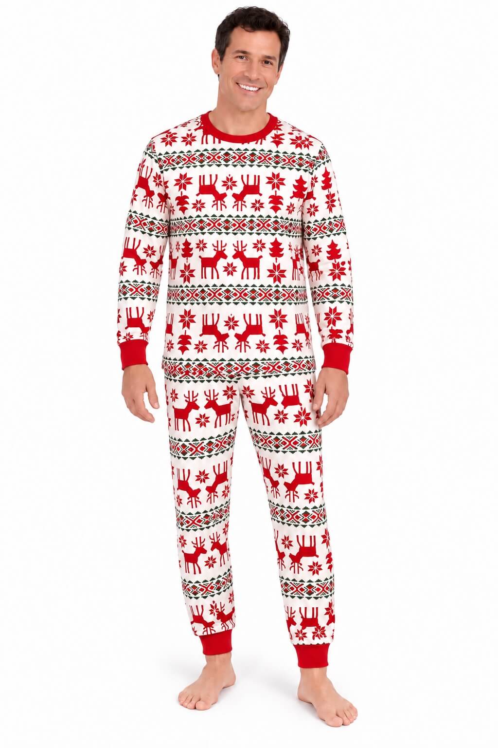Family wearing matching red and cream reindeer print Christmas pajamas - view 8