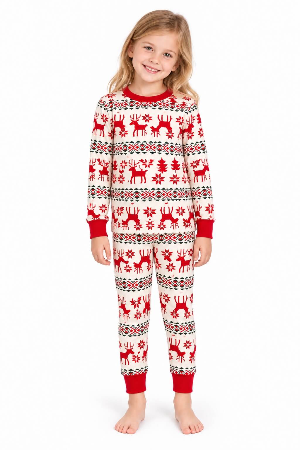 Family wearing matching red and cream reindeer print Christmas pajamas - view 9