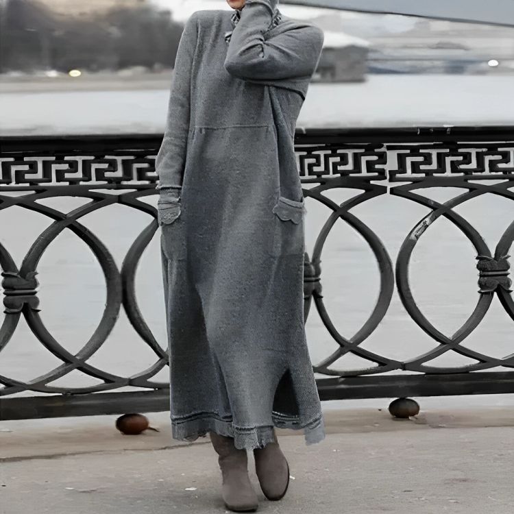 Oversized knit maxi sweater dress with long sleeves and front patch pockets