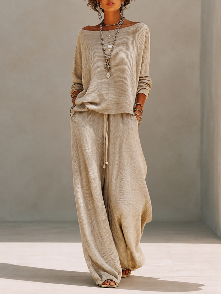 Woman wearing a khaki knit boat neck sweater and matching wide leg drawstring pants