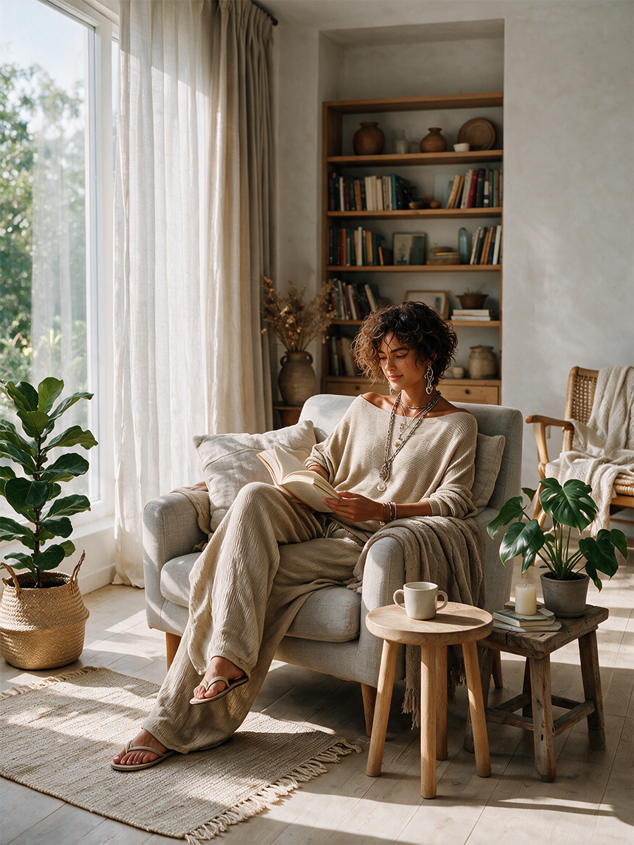 Woman wearing a khaki knit boat neck sweater and matching wide leg drawstring pants - view 2