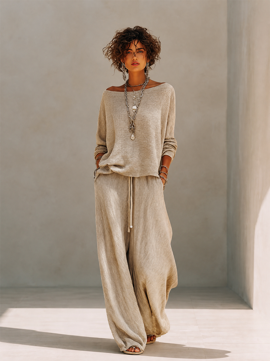 Woman wearing a khaki knit boat neck sweater and matching wide leg drawstring pants - view 4