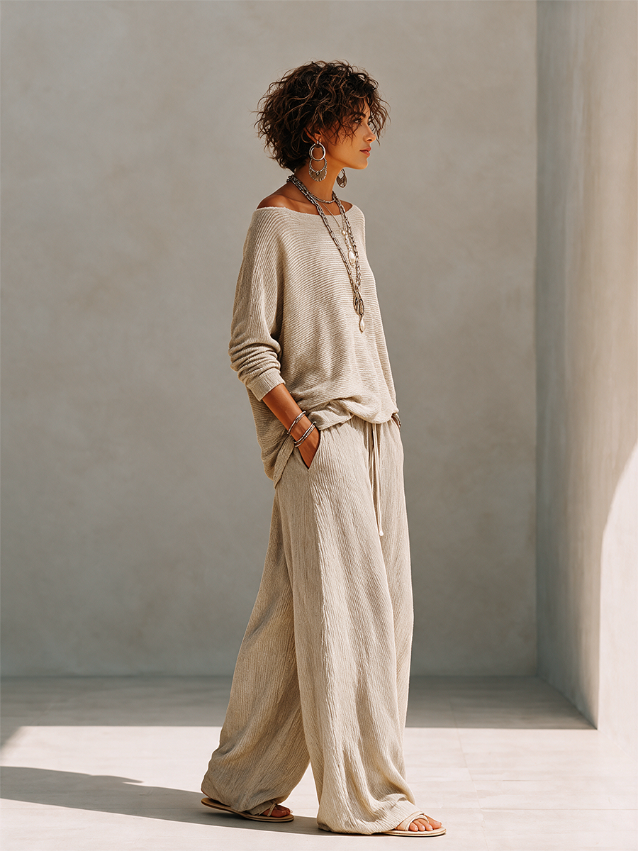 Woman wearing a khaki knit boat neck sweater and matching wide leg drawstring pants - view 5