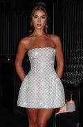 Beaded strapless white mini dress with lattice sparkle and full skirt