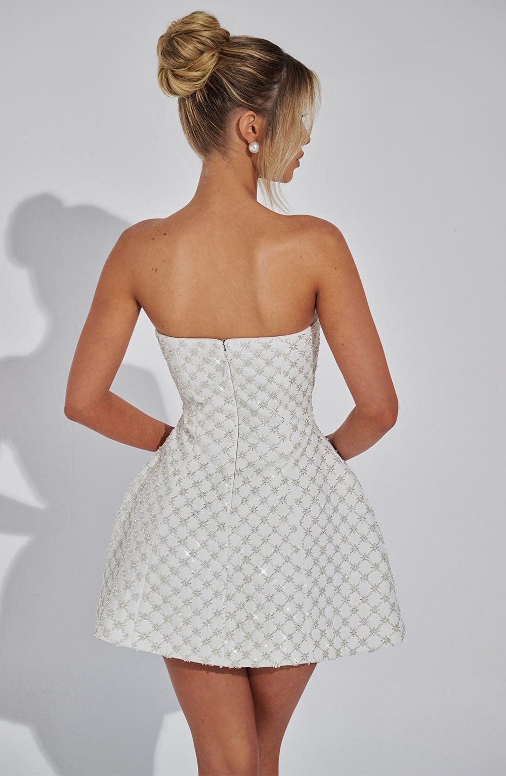 Beaded strapless white mini dress with lattice sparkle and full skirt - view 3