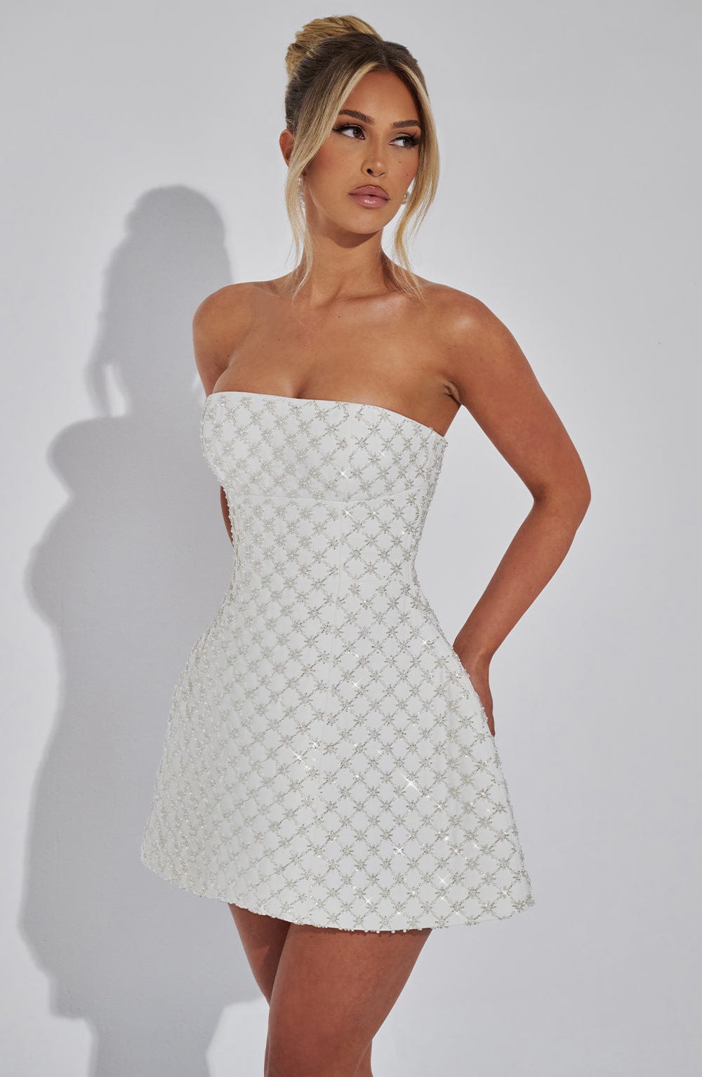 Beaded strapless white mini dress with lattice sparkle and full skirt - view 4