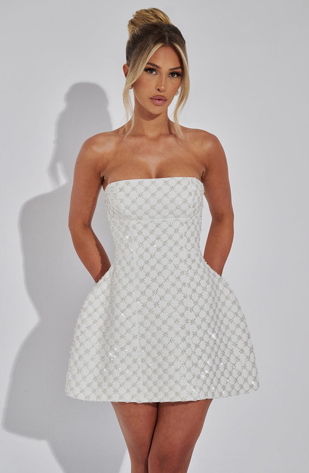 Beaded strapless white mini dress with lattice sparkle and full skirt - view 5