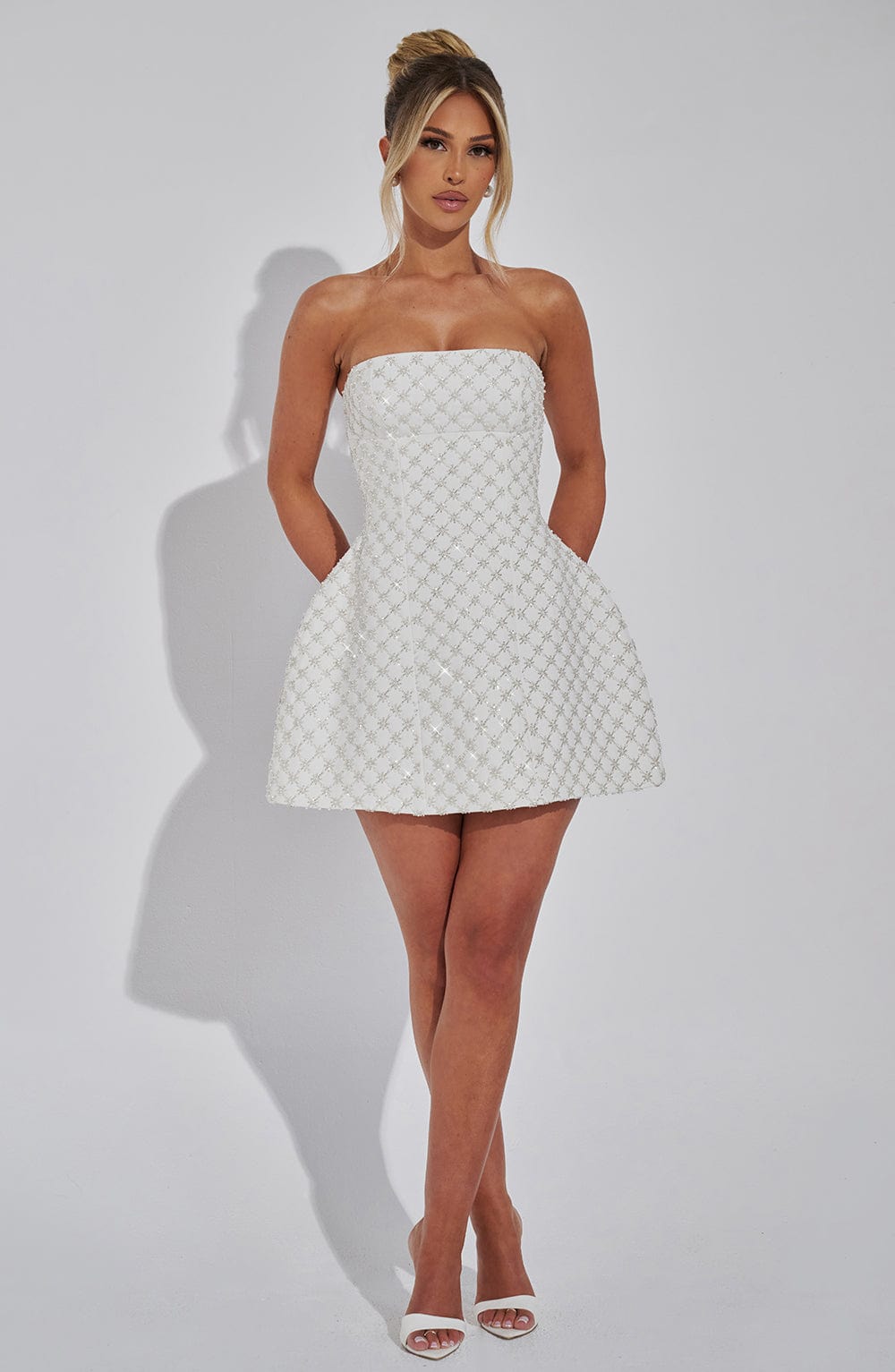 Beaded strapless white mini dress with lattice sparkle and full skirt - view 6