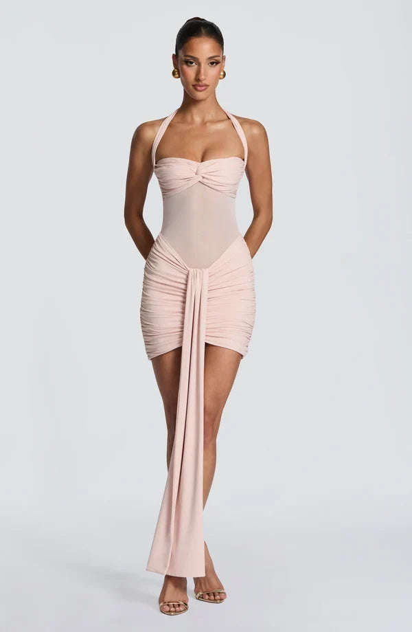 Black ruched halter mini dress with sheer mesh waist and ankle-length drape - view 11