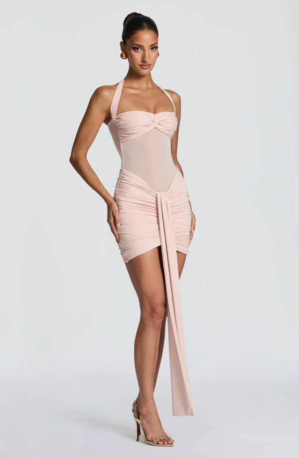 Black ruched halter mini dress with sheer mesh waist and ankle-length drape - view 12