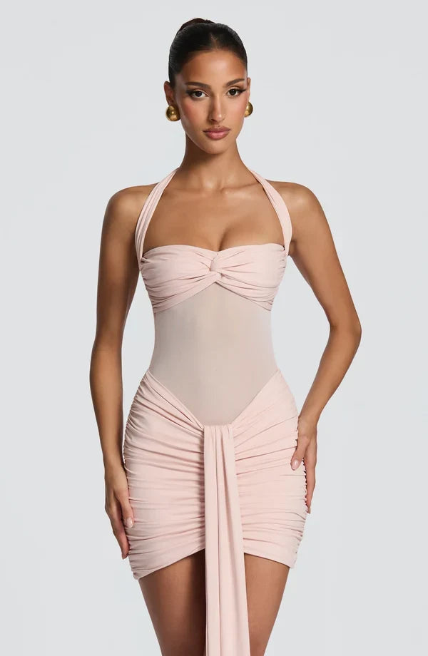 Black ruched halter mini dress with sheer mesh waist and ankle-length drape - view 14