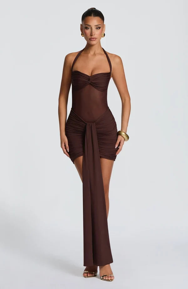 Black ruched halter mini dress with sheer mesh waist and ankle-length drape - view 15