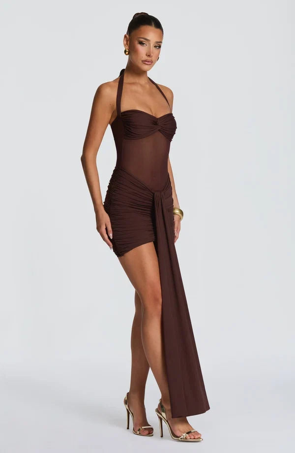Black ruched halter mini dress with sheer mesh waist and ankle-length drape - view 16