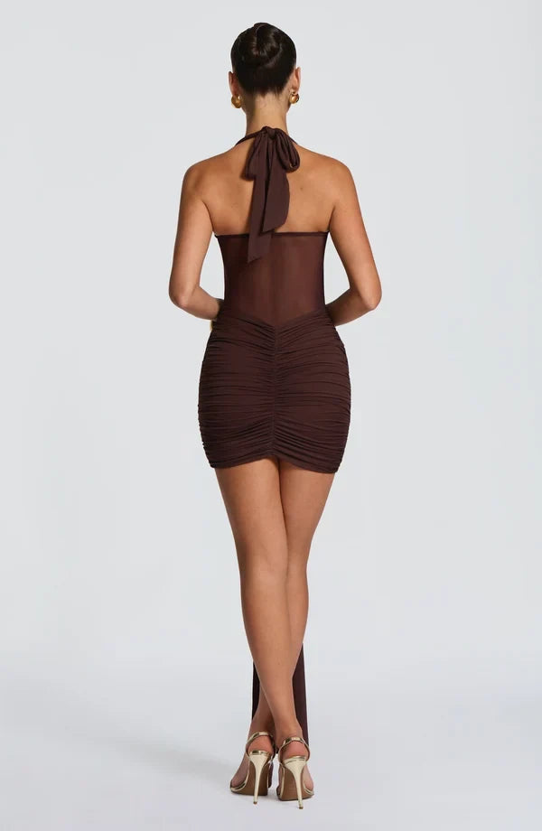 Black ruched halter mini dress with sheer mesh waist and ankle-length drape - view 17