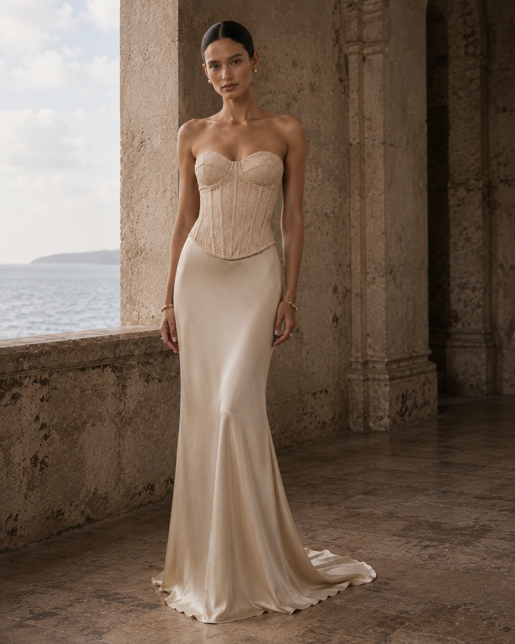 Strapless lace corset bodice formal dress with satin maxi skirt and train