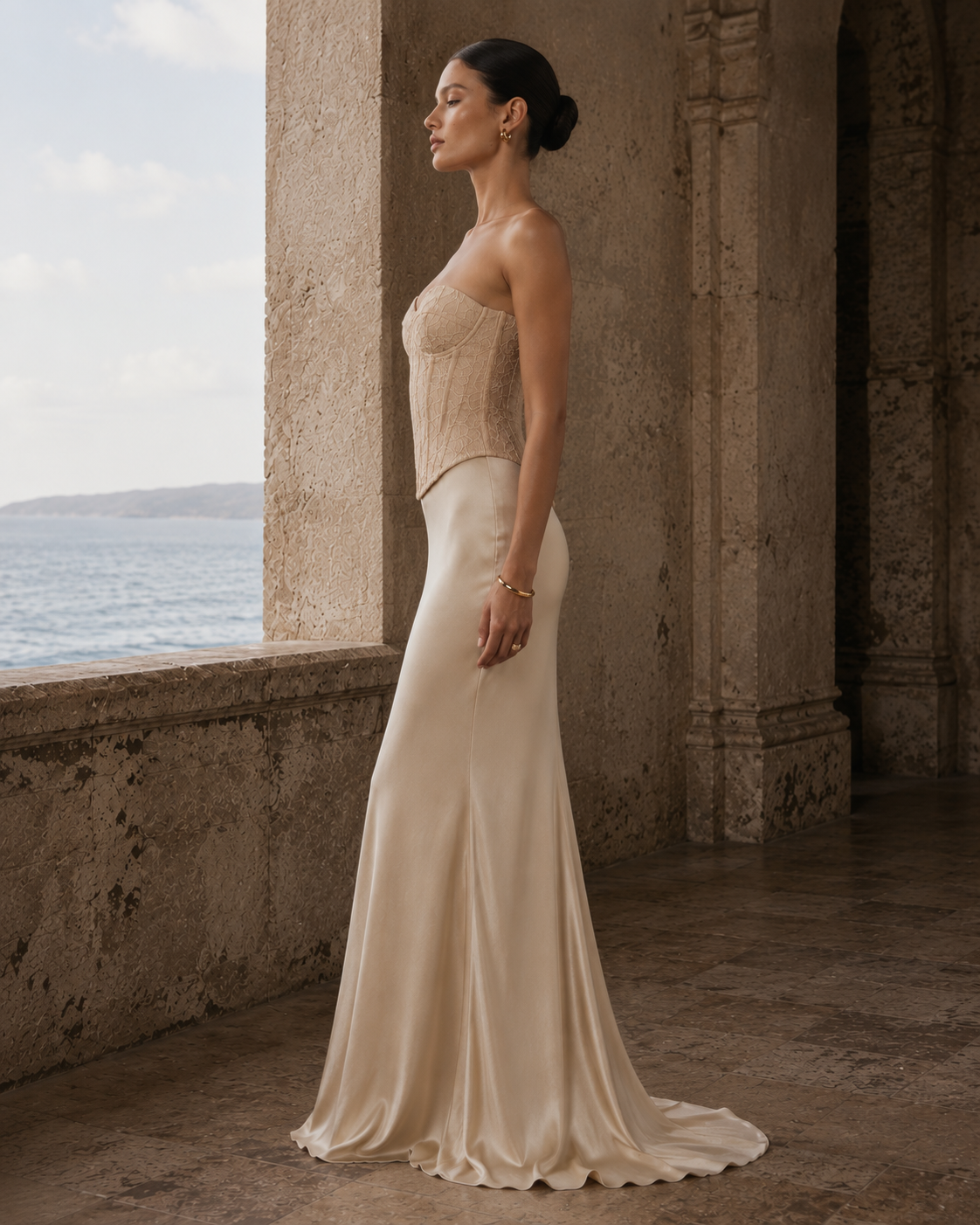 Strapless lace corset bodice formal dress with satin maxi skirt and train - view 2