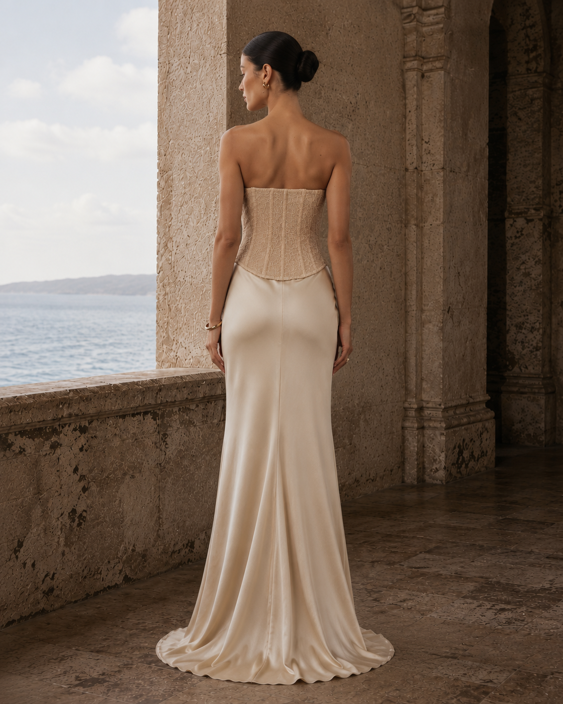 Strapless lace corset bodice formal dress with satin maxi skirt and train - view 3