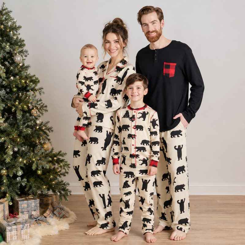 Family holiday pajamas in cream bear print with red piping and plaid details