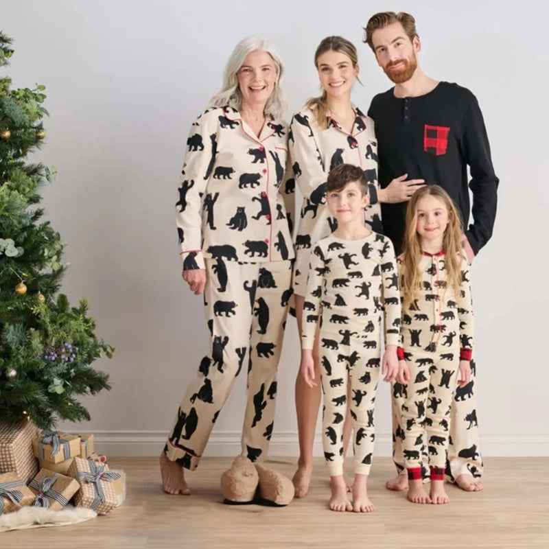 Family holiday pajamas in cream bear print with red piping and plaid details - view 2