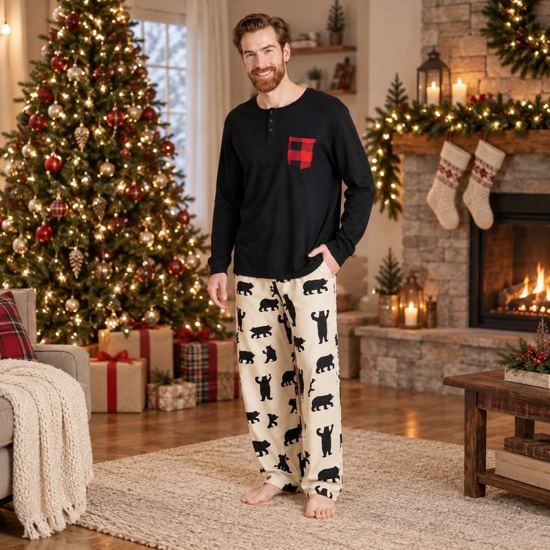 Family holiday pajamas in cream bear print with red piping and plaid details - view 3