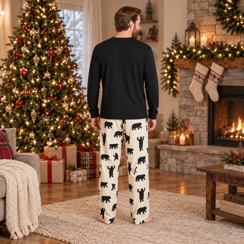 Family holiday pajamas in cream bear print with red piping and plaid details - view 4