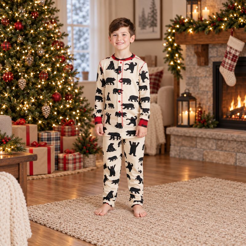 Family holiday pajamas in cream bear print with red piping and plaid details - view 5