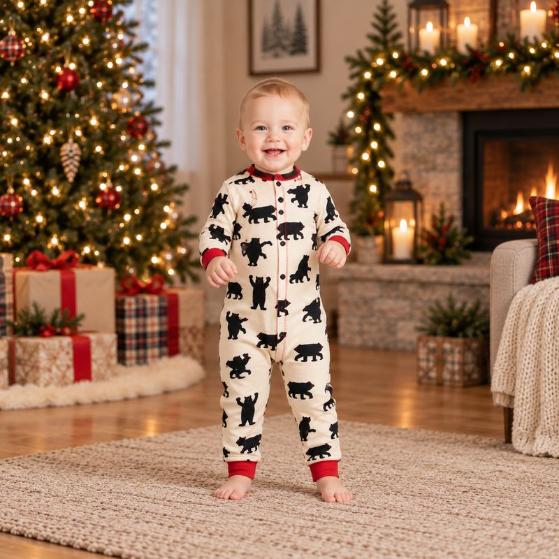 Family holiday pajamas in cream bear print with red piping and plaid details - view 7