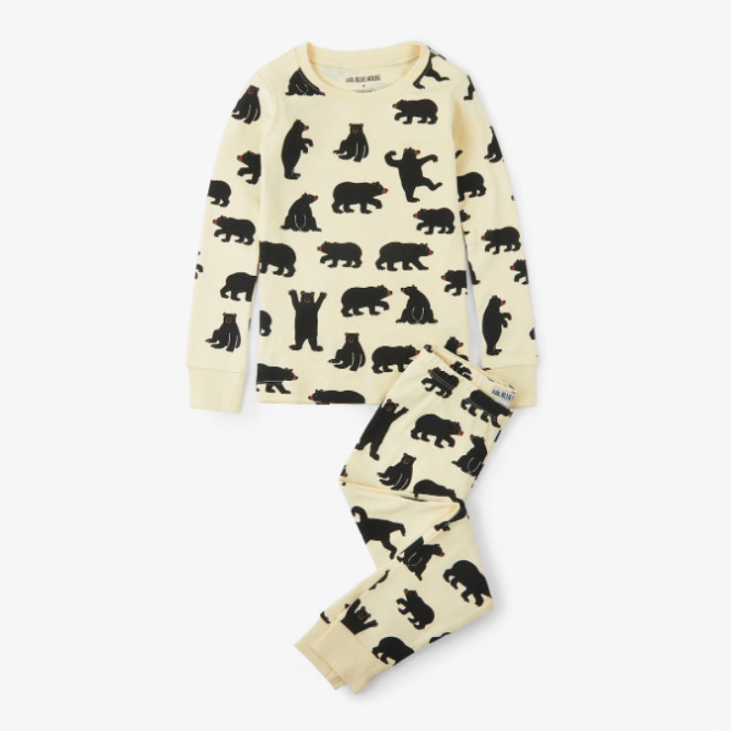 Family holiday pajamas in cream bear print with red piping and plaid details - view 8