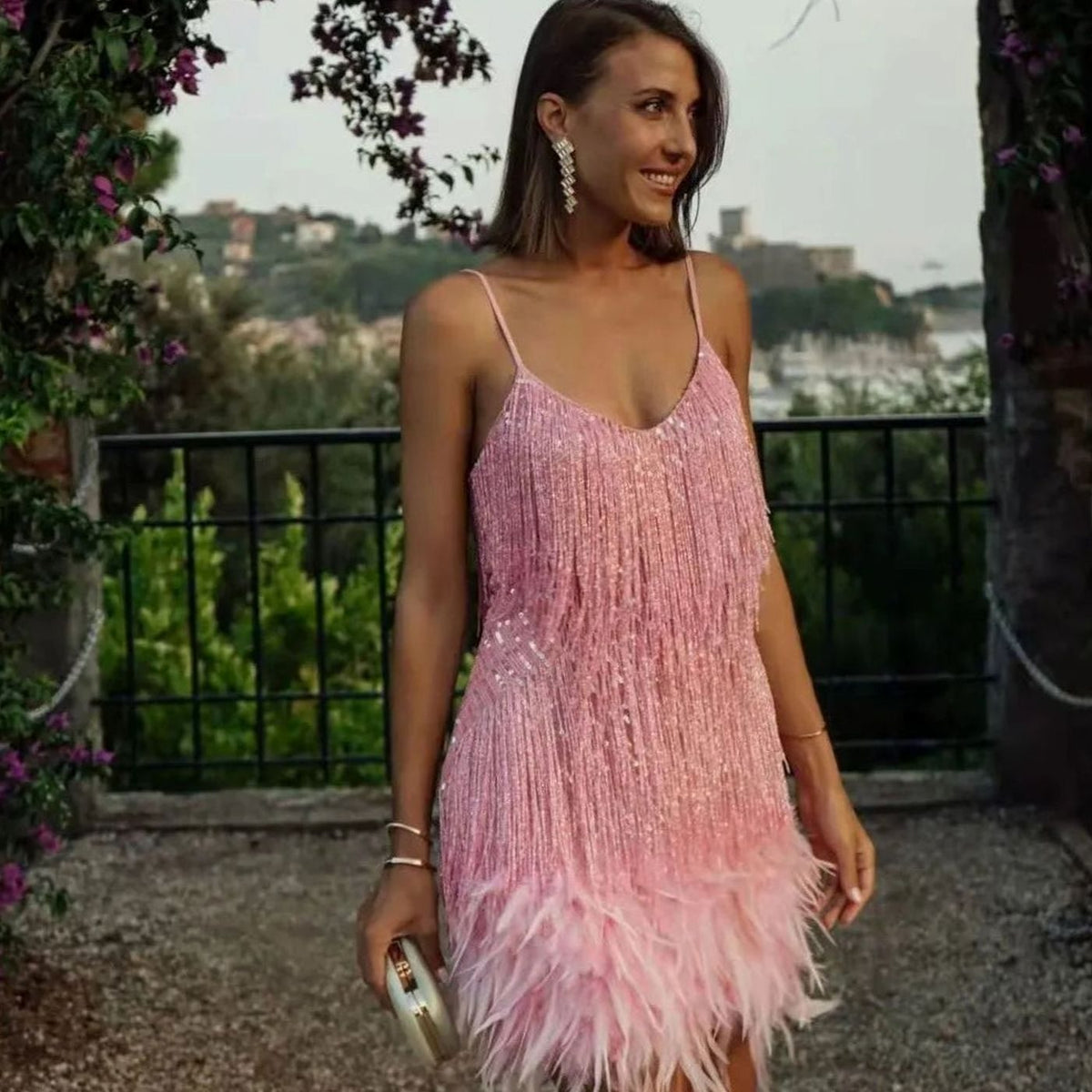 Sequin fringe cocktail mini dress with feather hem and spaghetti straps - view 5