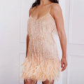 Sequin fringe cocktail mini dress with feather hem and spaghetti straps - view 7
