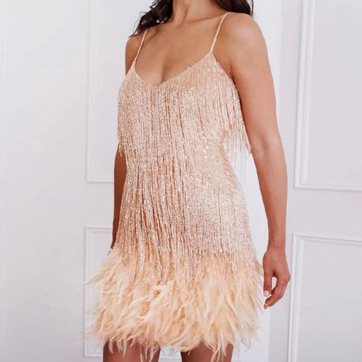 Sequin fringe cocktail mini dress with feather hem and spaghetti straps - view 7