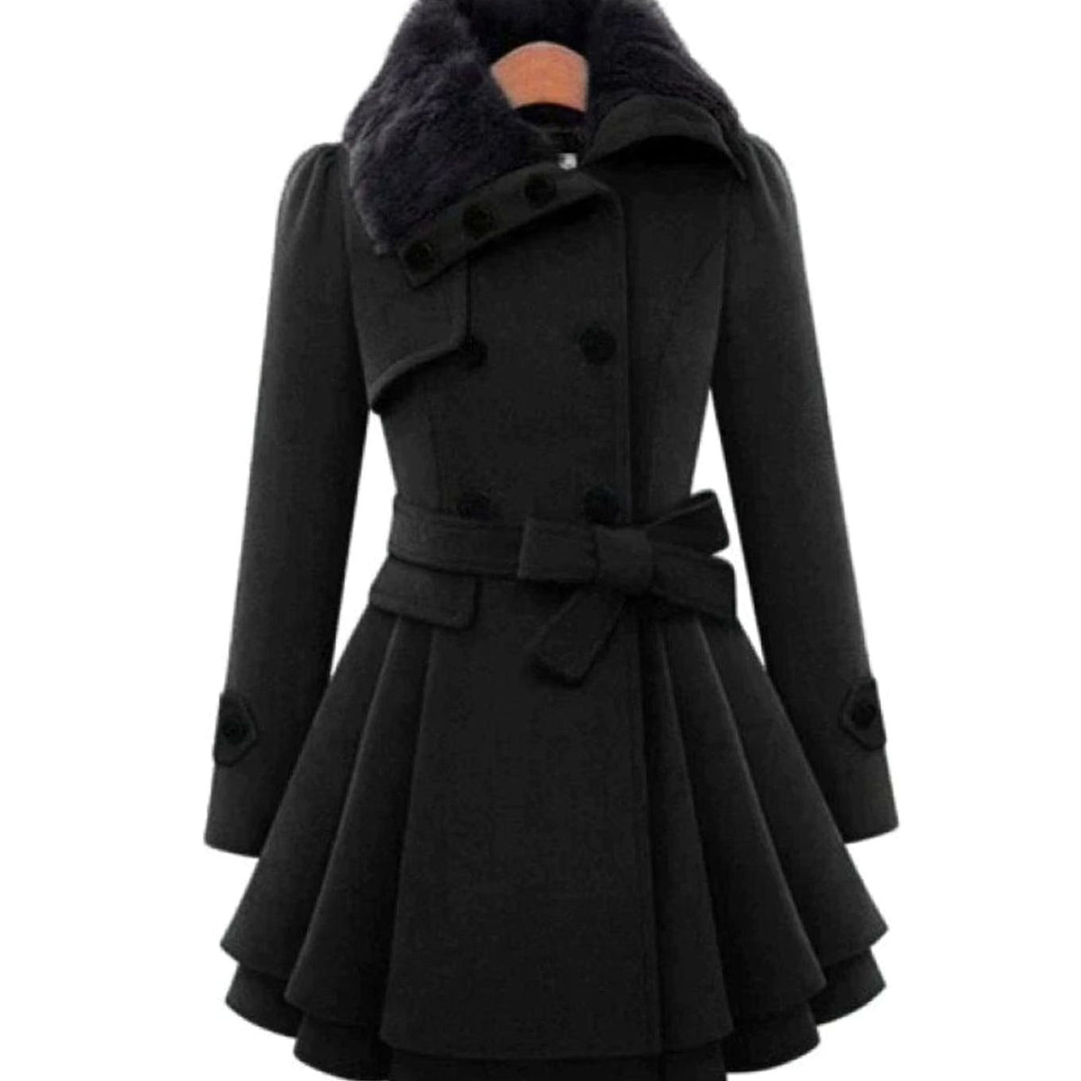 Women's double-breasted belted trench coat with faux fur collar and layered flared hem