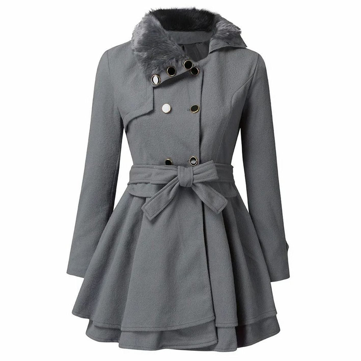 Women's double-breasted belted trench coat with faux fur collar and layered flared hem - view 2