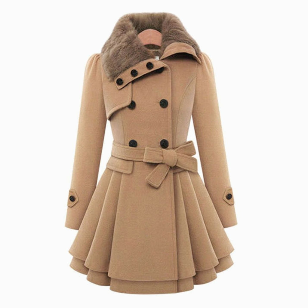 Women's double-breasted belted trench coat with faux fur collar and layered flared hem - view 3