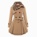 Women's double-breasted belted trench coat with faux fur collar and layered flared hem - view 3