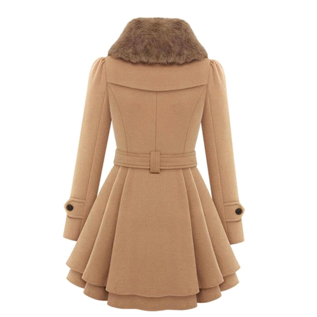 Women's double-breasted belted trench coat with faux fur collar and layered flared hem - view 4