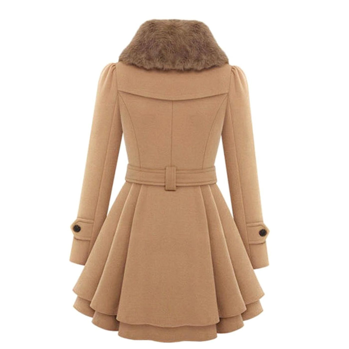Women's double-breasted belted trench coat with faux fur collar and layered flared hem - view 4