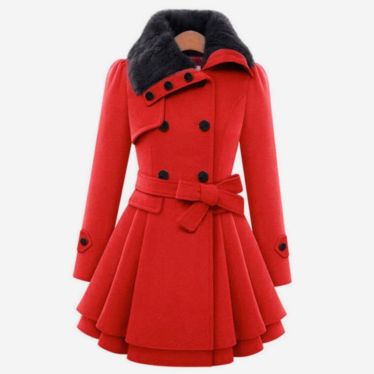 Women's double-breasted belted trench coat with faux fur collar and layered flared hem - view 5