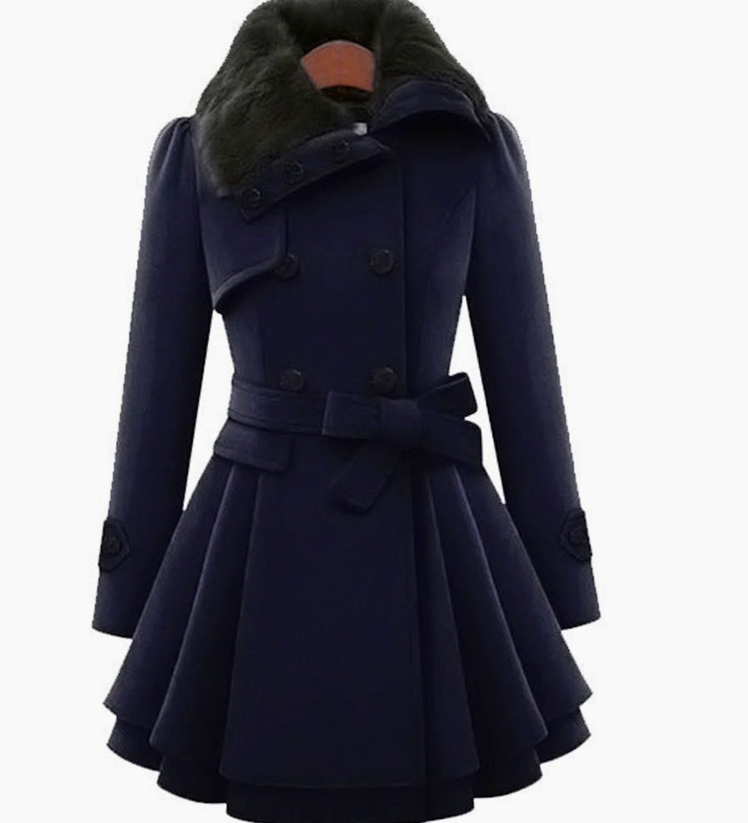 Women's double-breasted belted trench coat with faux fur collar and layered flared hem - view 6