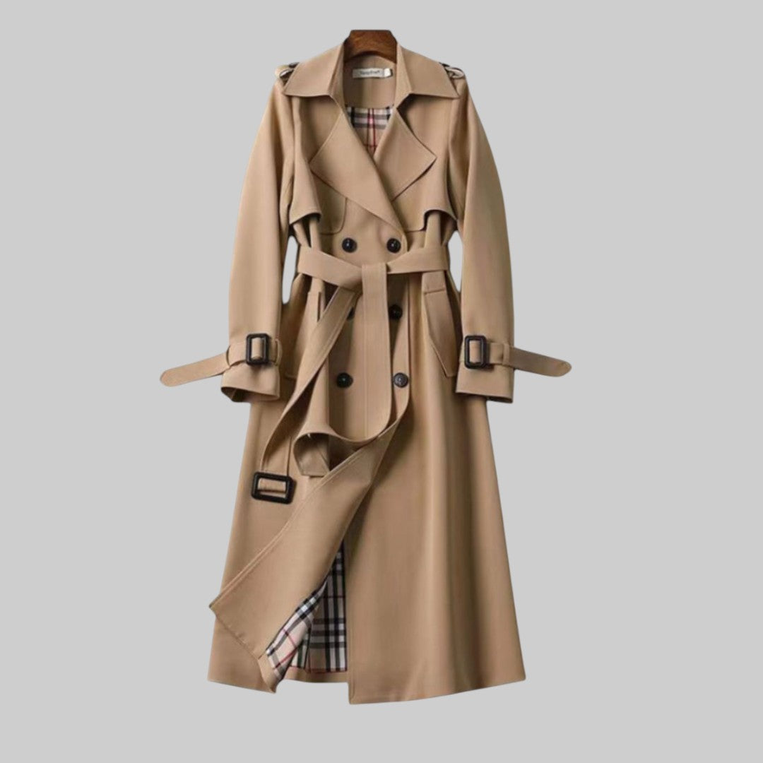 Long belted double breasted trench coat with notched lapels and buckled cuffs