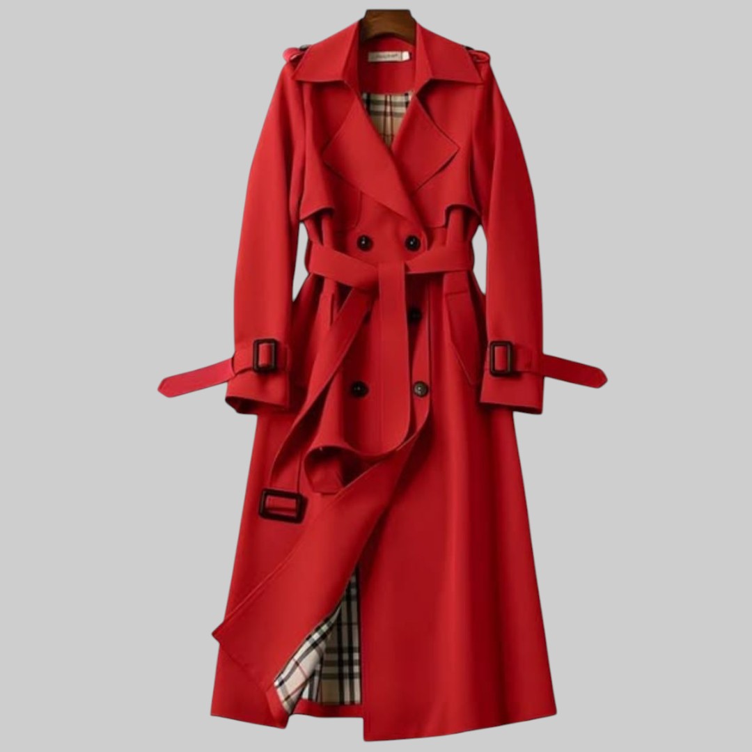 Long belted double breasted trench coat with notched lapels and buckled cuffs - view 2