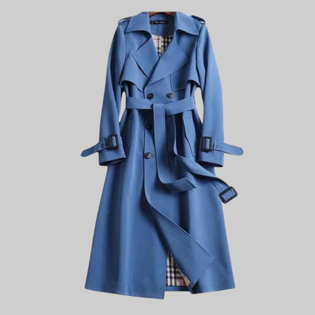 Long belted double breasted trench coat with notched lapels and buckled cuffs - view 3