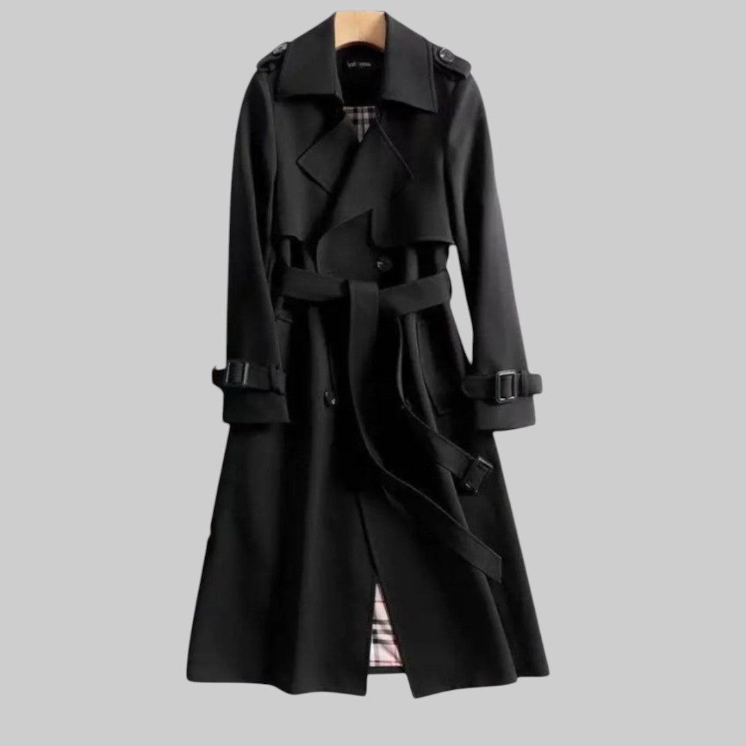 Long belted double breasted trench coat with notched lapels and buckled cuffs - view 4
