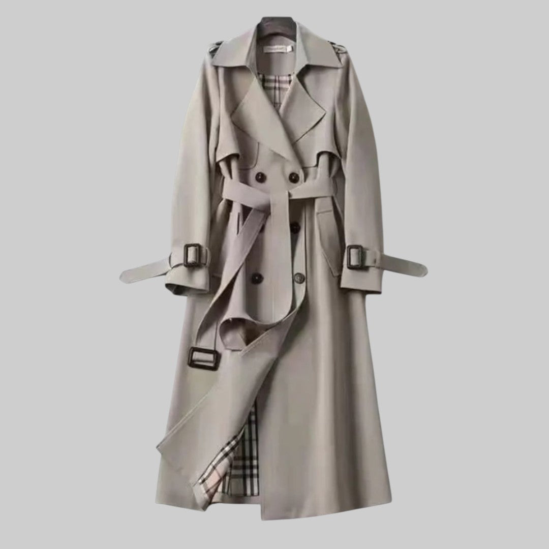 Long belted double breasted trench coat with notched lapels and buckled cuffs - view 5