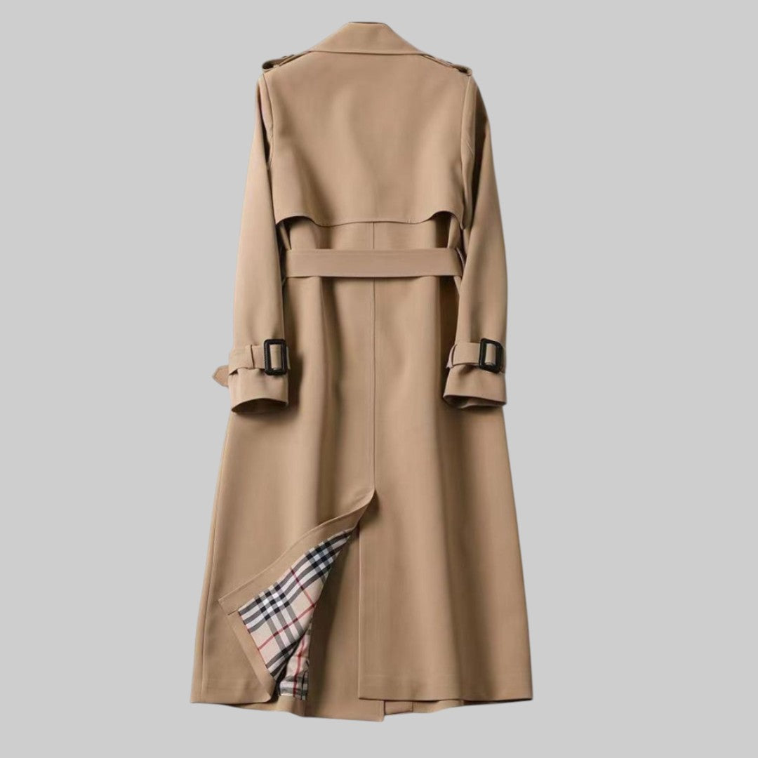 Long belted double breasted trench coat with notched lapels and buckled cuffs - view 6