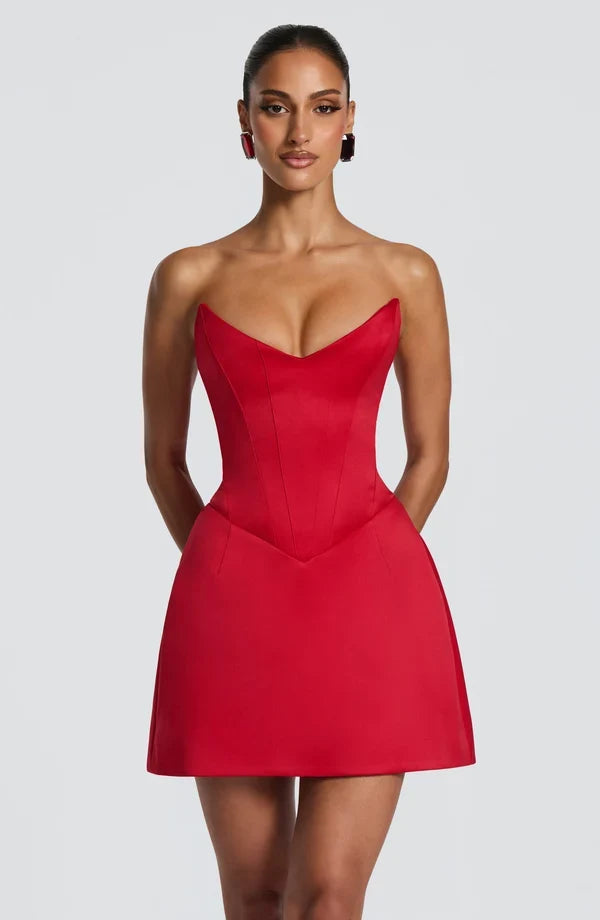 Strapless corset mini dress with lace-up back and flared skirt - view 15