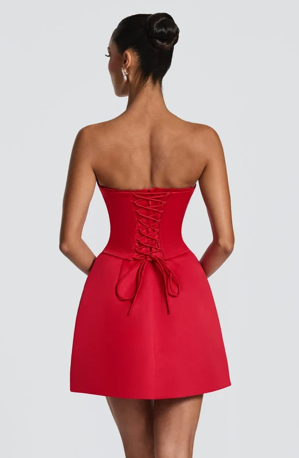Strapless corset mini dress with lace-up back and flared skirt - view 16