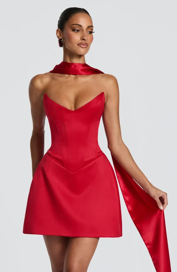 Strapless corset mini dress with lace-up back and flared skirt - view 18