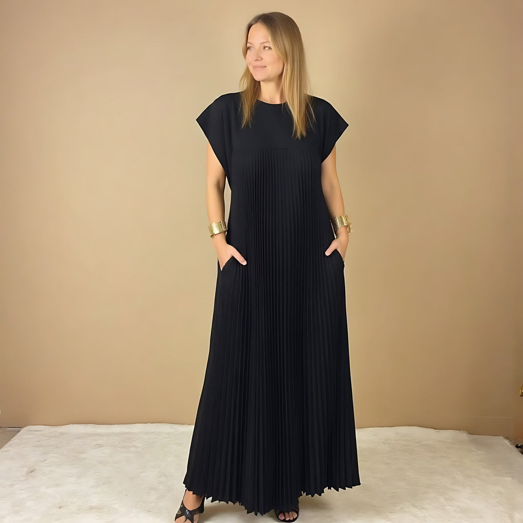 Pleated crew neck maxi dress with cap sleeves and side pockets - view 10